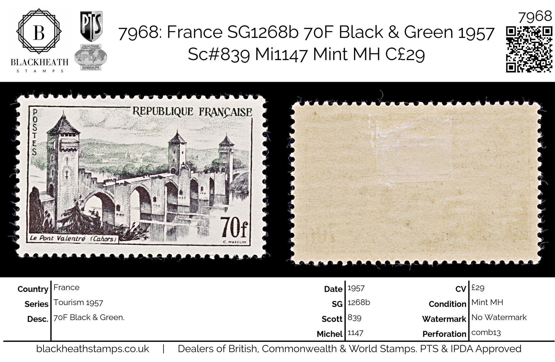 7968: France SG1268b 70F Black & Green 1957 Sc#839 Mi1147 Mint MH C£29