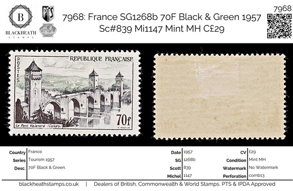 7968: France SG1268b 70F Black & Green 1957 Sc#839 Mi1147 Mint MH C£29