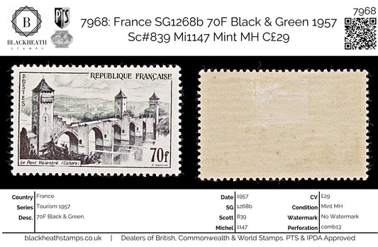 7968: France SG1268b 70F Black & Green 1957 Sc#839 Mi1147 Mint MH C£29