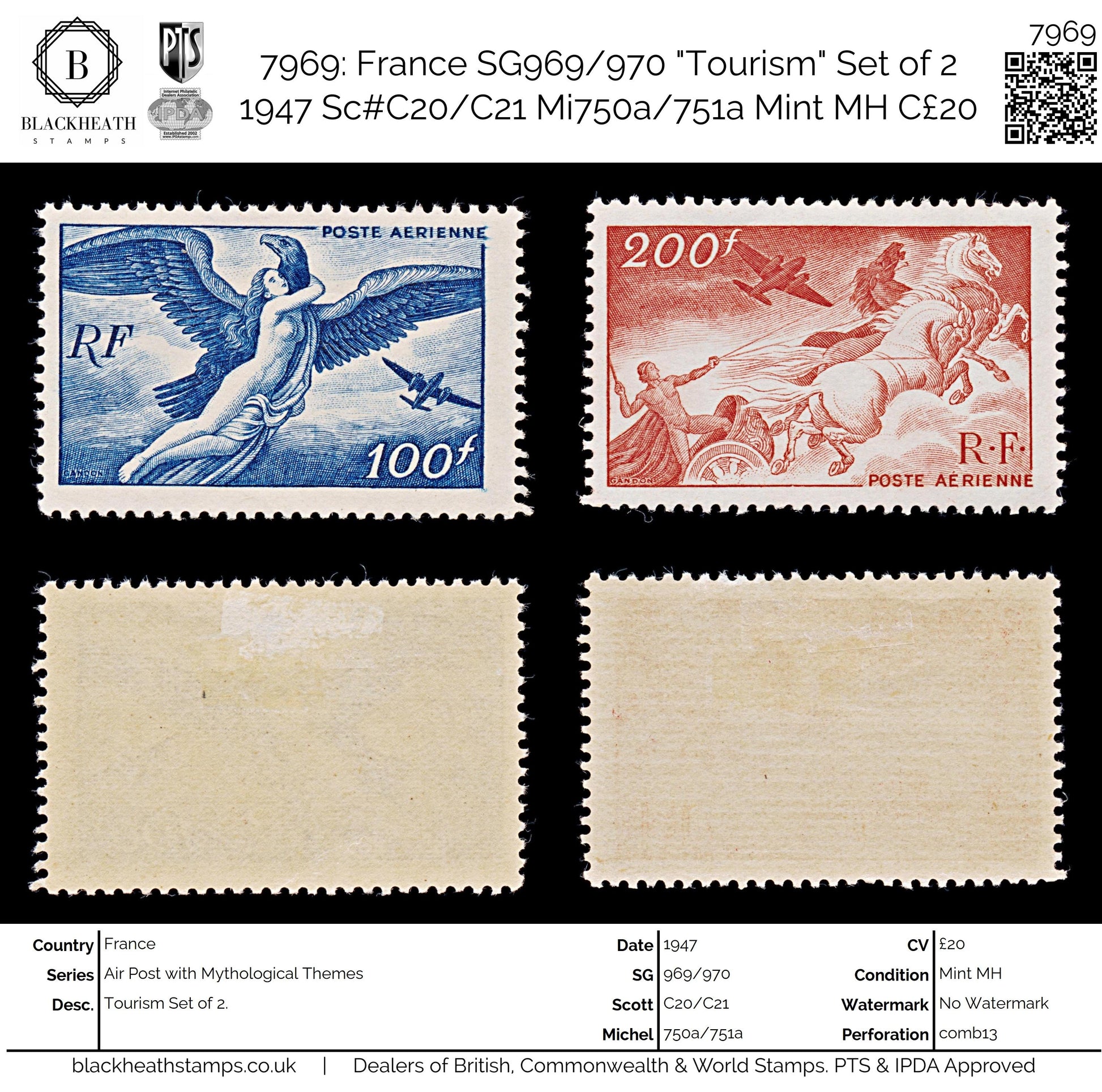 7969: France SG969/970 "Tourism" Set of 2 1947 Sc#C20/C21 Mi750a/751a Mint MH C£20