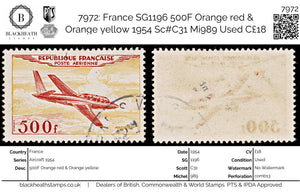 7972: France SG1196 500F Orange red & Orange yellow 1954 Sc#C31 Mi989 Used C£18