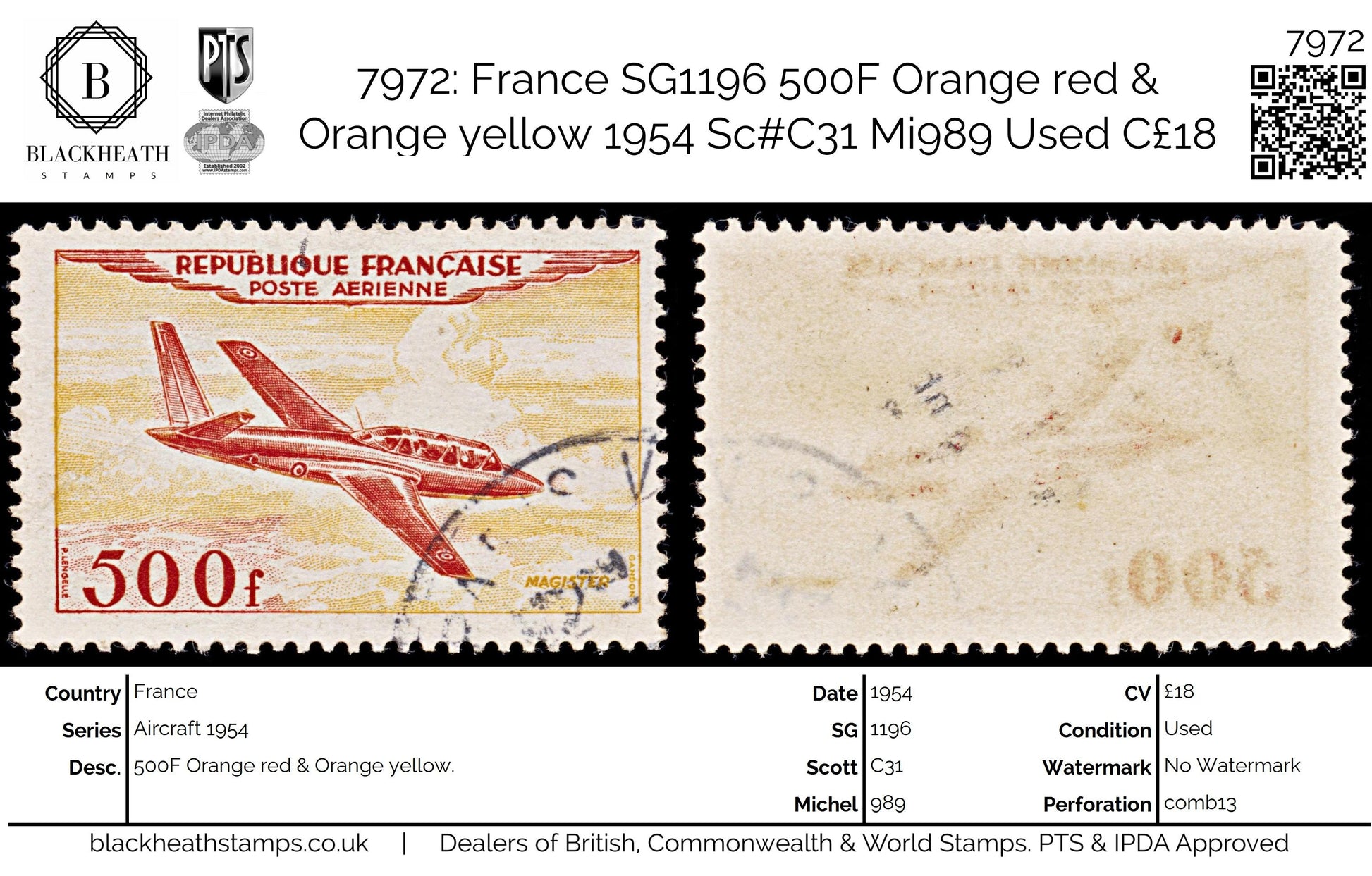 7972: France SG1196 500F Orange red & Orange yellow 1954 Sc#C31 Mi989 Used C£18