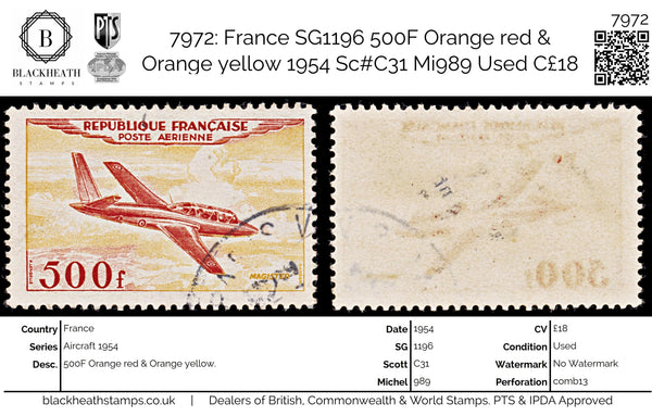 7972: France SG1196 500F Orange red & Orange yellow 1954 Sc#C31 Mi989 Used C£18