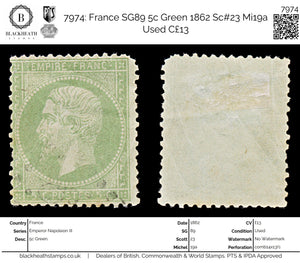 7974: France SG89 5c Green 1862 Sc#23 Mi19a Used C£13