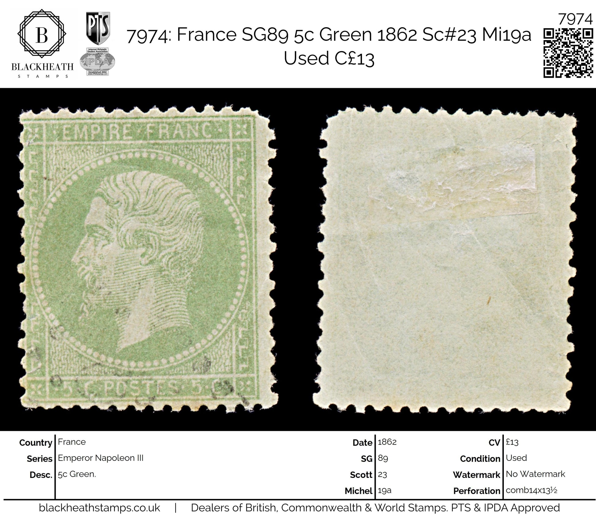 7974: France SG89 5c Green 1862 Sc#23 Mi19a Used C£13