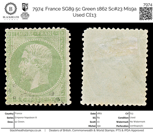 7974: France SG89 5c Green 1862 Sc#23 Mi19a Used C£13