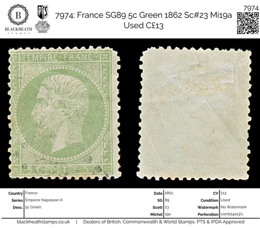 7974: France SG89 5c Green 1862 Sc#23 Mi19a Used C£13