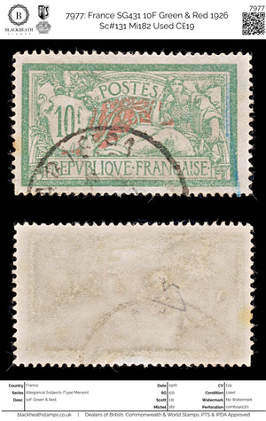 7977: France SG431 10F Green & Red 1926 Sc#131 Mi182 Used C£19