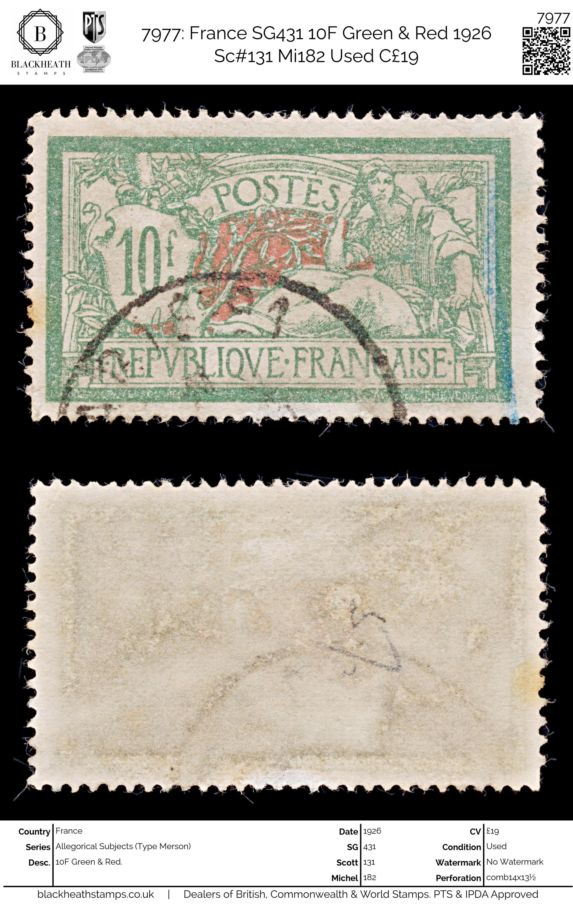 7977: France SG431 10F Green & Red 1926 Sc#131 Mi182 Used C£19
