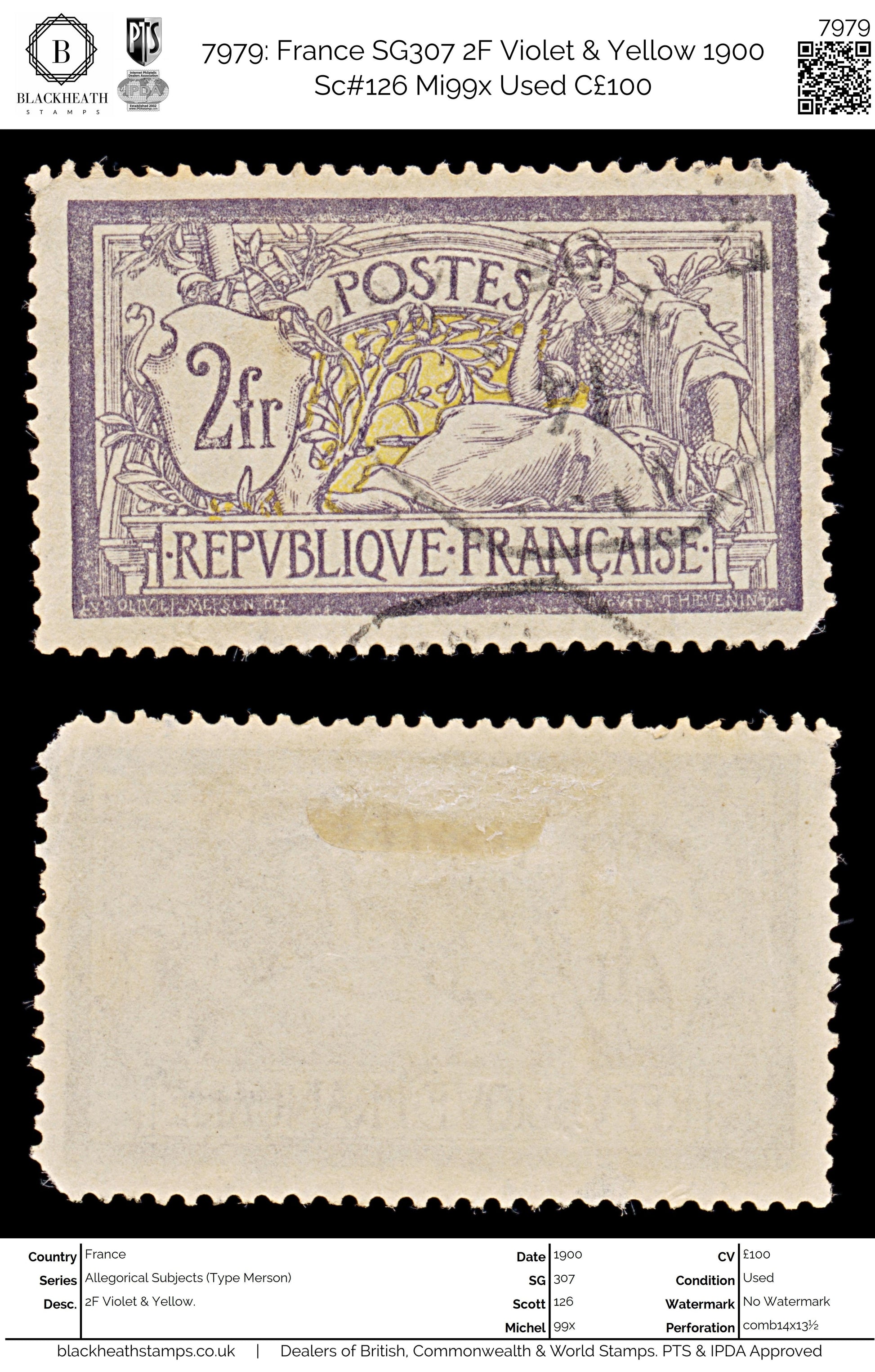 7979: France SG307 2F Violet & Yellow 1900 Sc#126 Mi99x Used C£100