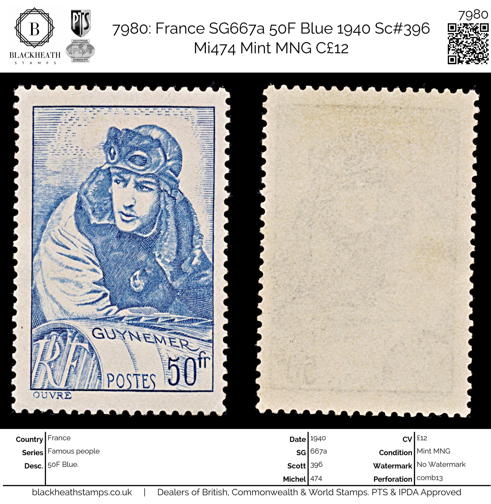 7980: France SG667a 50F Blue 1940 Sc#396 Mi474 Mint MNG C£12
