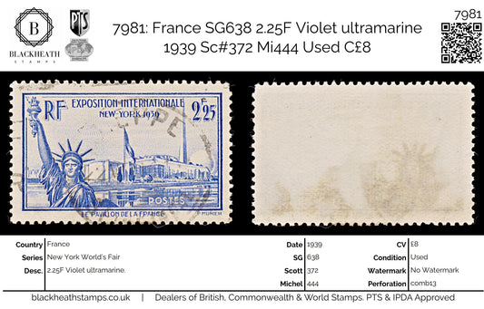 7981: France SG638 2.25F Violet ultramarine 1939 Sc#372 Mi444 Used C£8