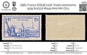 7983: France SG638 2.25F Violet ultramarine 1939 Sc#372 Mi444 Mint MH C£11