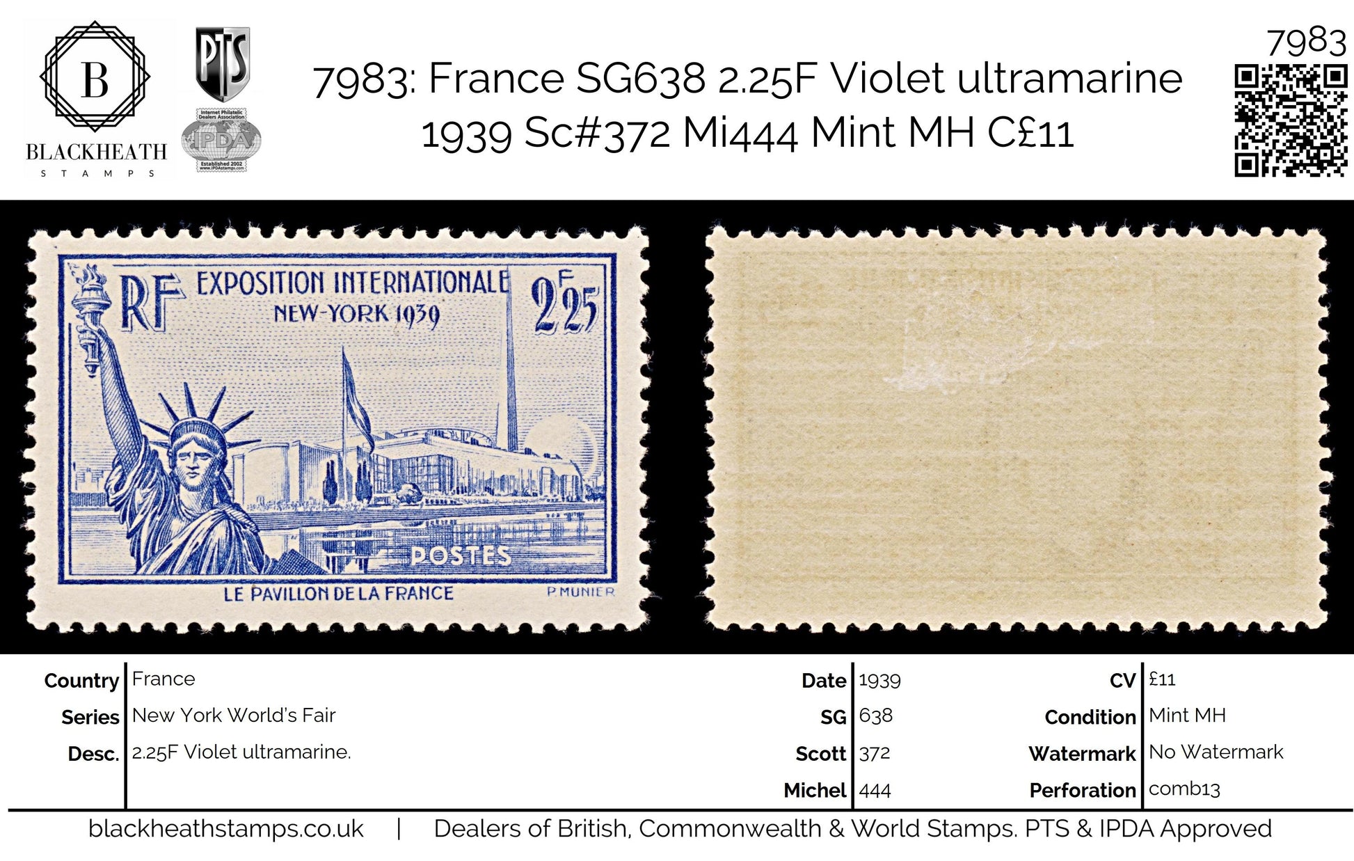 7983: France SG638 2.25F Violet ultramarine 1939 Sc#372 Mi444 Mint MH C£11