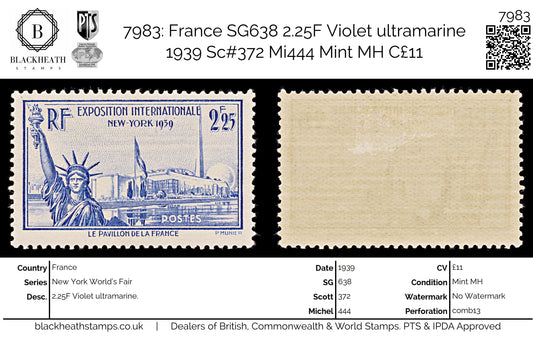 7983: France SG638 2.25F Violet ultramarine 1939 Sc#372 Mi444 Mint MH C£11