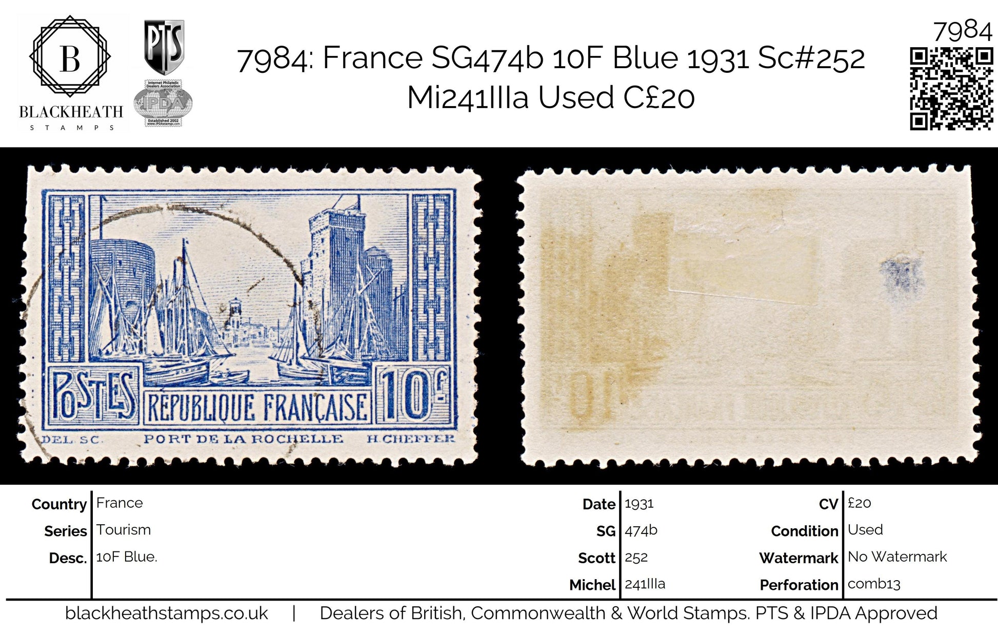 7984: France SG474b 10F Blue 1931 Sc#252 Mi241IIIa Used C£20