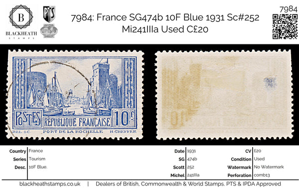 7984: France SG474b 10F Blue 1931 Sc#252 Mi241IIIa Used C£20