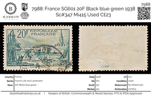 7988: France SG601 20F Black blue green 1938 Sc#347 Mi415 Used C£23