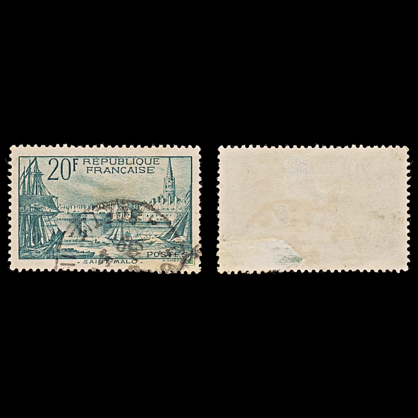 7988: France SG601 20F Black blue green 1938 Sc#347 Mi415 Used C£23