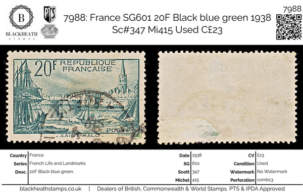 7988: France SG601 20F Black blue green 1938 Sc#347 Mi415 Used C£23