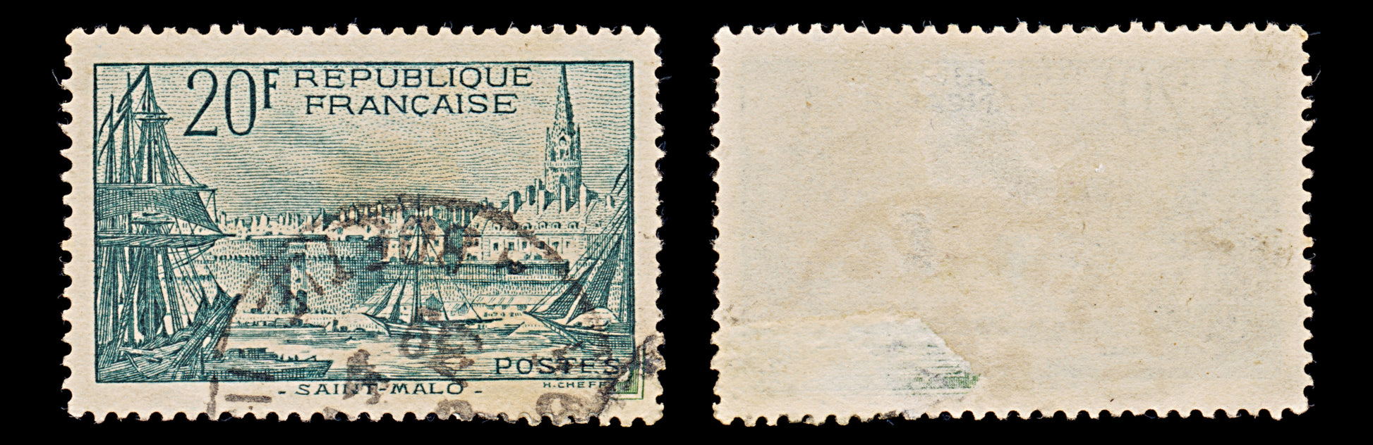 7988: France SG601 20F Black blue green 1938 Sc#347 Mi415 Used C£23
