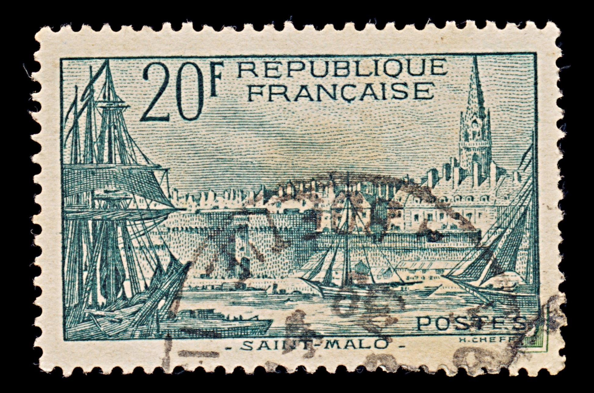7988: France SG601 20F Black blue green 1938 Sc#347 Mi415 Used C£23