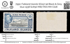 7990: Falkland Islands SG157 9d Black & Grey blue 1938 Sc#90 Mi87 Mint MH C£28