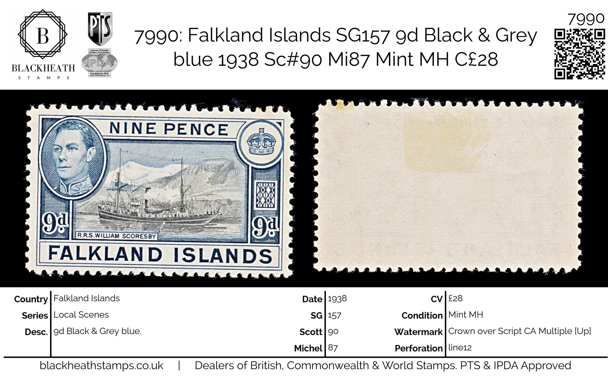 7990: Falkland Islands SG157 9d Black & Grey blue 1938 Sc#90 Mi87 Mint MH C£28