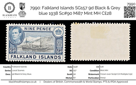 7990: Falkland Islands SG157 9d Black & Grey blue 1938 Sc#90 Mi87 Mint MH C£28