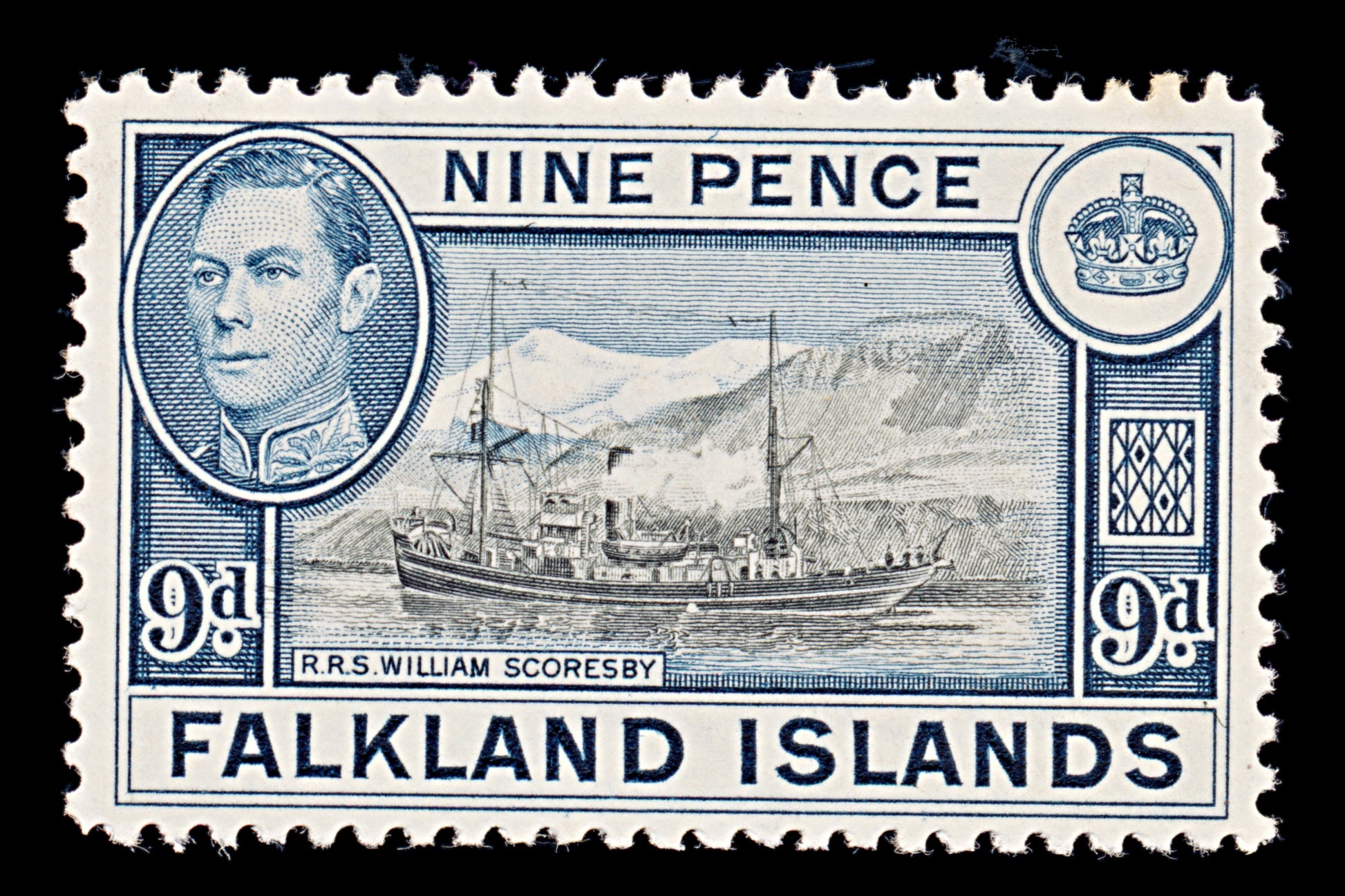7990: Falkland Islands SG157 9d Black & Grey blue 1938 Sc#90 Mi87 Mint MH C£28