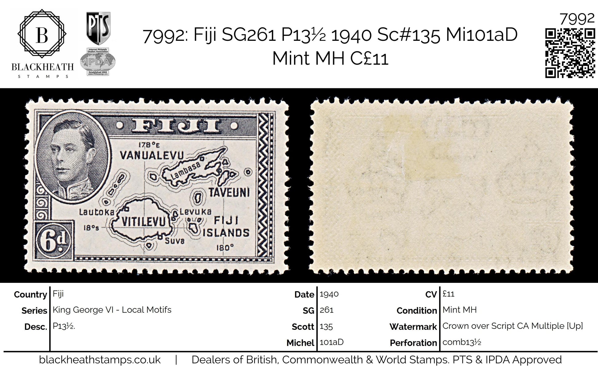 7992: Fiji SG261 P13½ 1940 Sc#135 Mi101aD Mint MH C£11