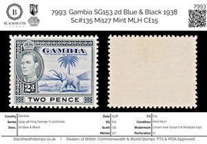 7993: Gambia SG153 2d Blue & Black 1938 Sc#135 Mi127 Mint MLH C£15