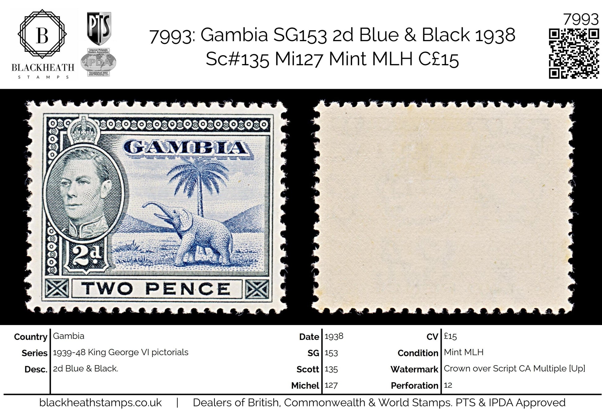 7993: Gambia SG153 2d Blue & Black 1938 Sc#135 Mi127 Mint MLH C£15