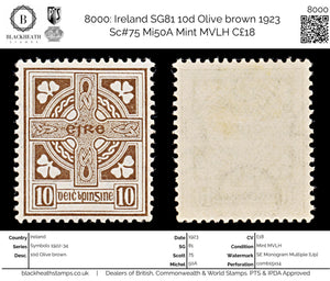 8000: Ireland SG81 10d Olive brown 1923 Sc#75 Mi50A Mint MVLH C£18