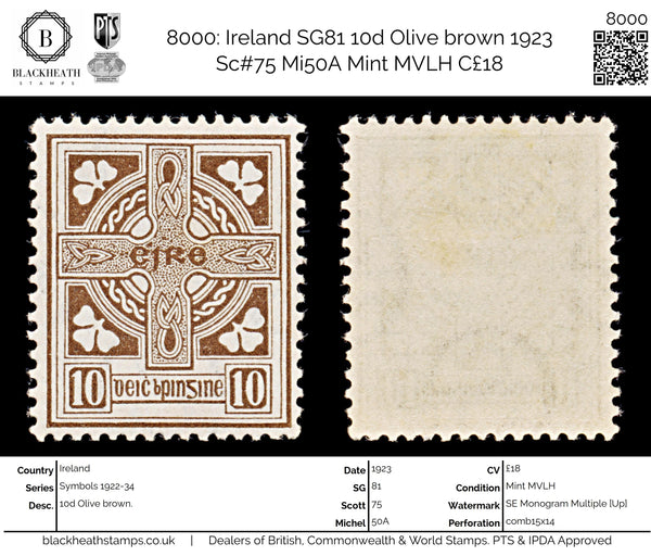 8000: Ireland SG81 10d Olive brown 1923 Sc#75 Mi50A Mint MVLH C£18