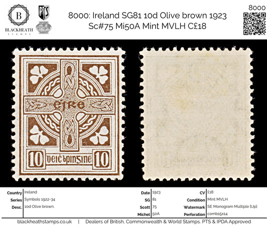 8000: Ireland SG81 10d Olive brown 1923 Sc#75 Mi50A Mint MVLH C£18
