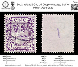 8001: Ireland SG80 9d Deep violet 1923 Sc#74 Mi49A Used C£22