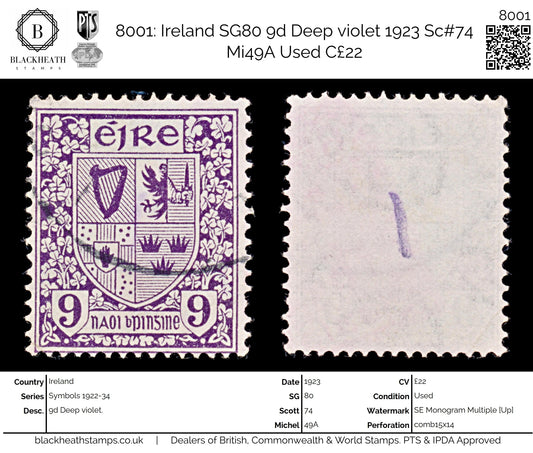 8001: Ireland SG80 9d Deep violet 1923 Sc#74 Mi49A Used C£22