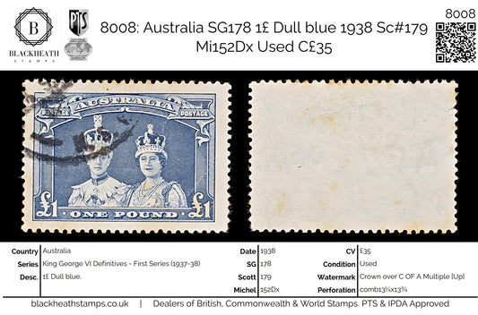 8008: Australia SG178 1£ Dull blue 1938 Sc#179 Mi152Dx Used C£35