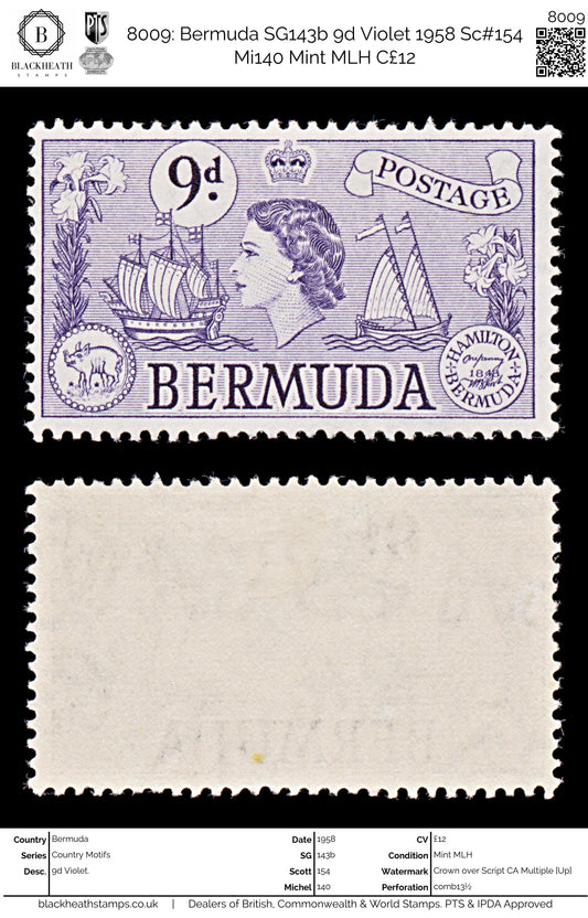 8009: Bermuda SG143b 9d Violet 1958 Sc#154 Mi140 Mint MLH C£12