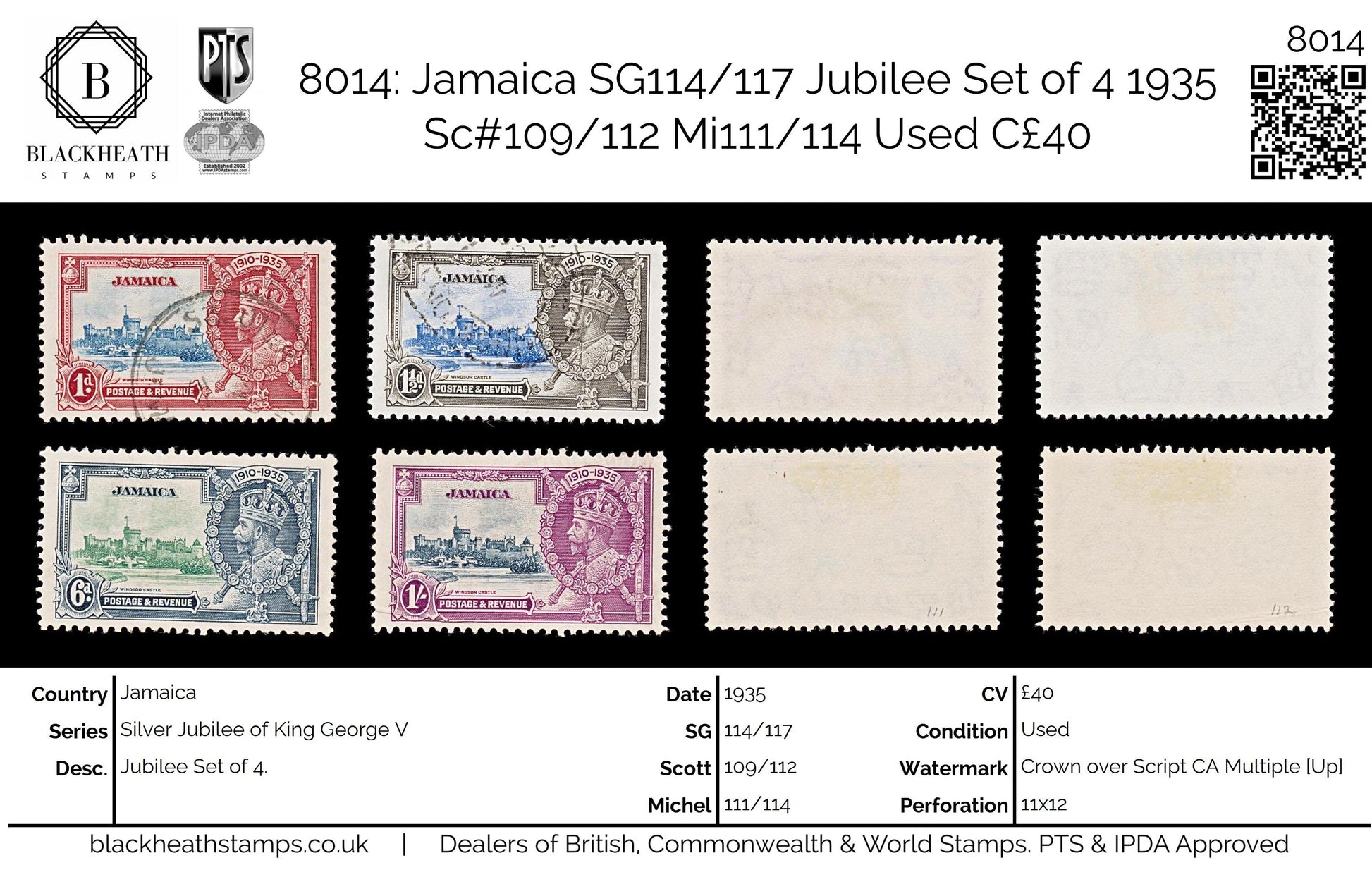 8014: Jamaica SG114/117 Jubilee Set of 4 1935 Sc#109/112 Mi111/114 Used C£40