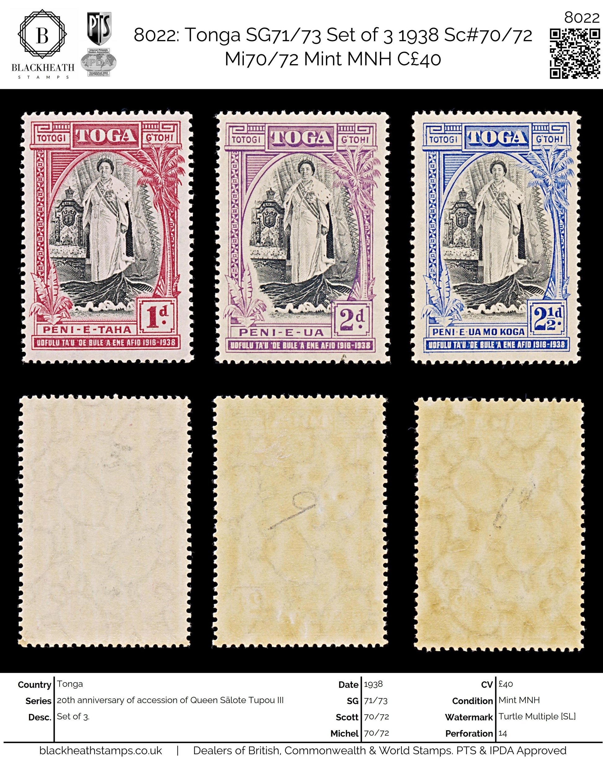 8022: Tonga SG71/73 Set of 3 1938 Sc#70/72 Mi70/72 Mint MNH C£40