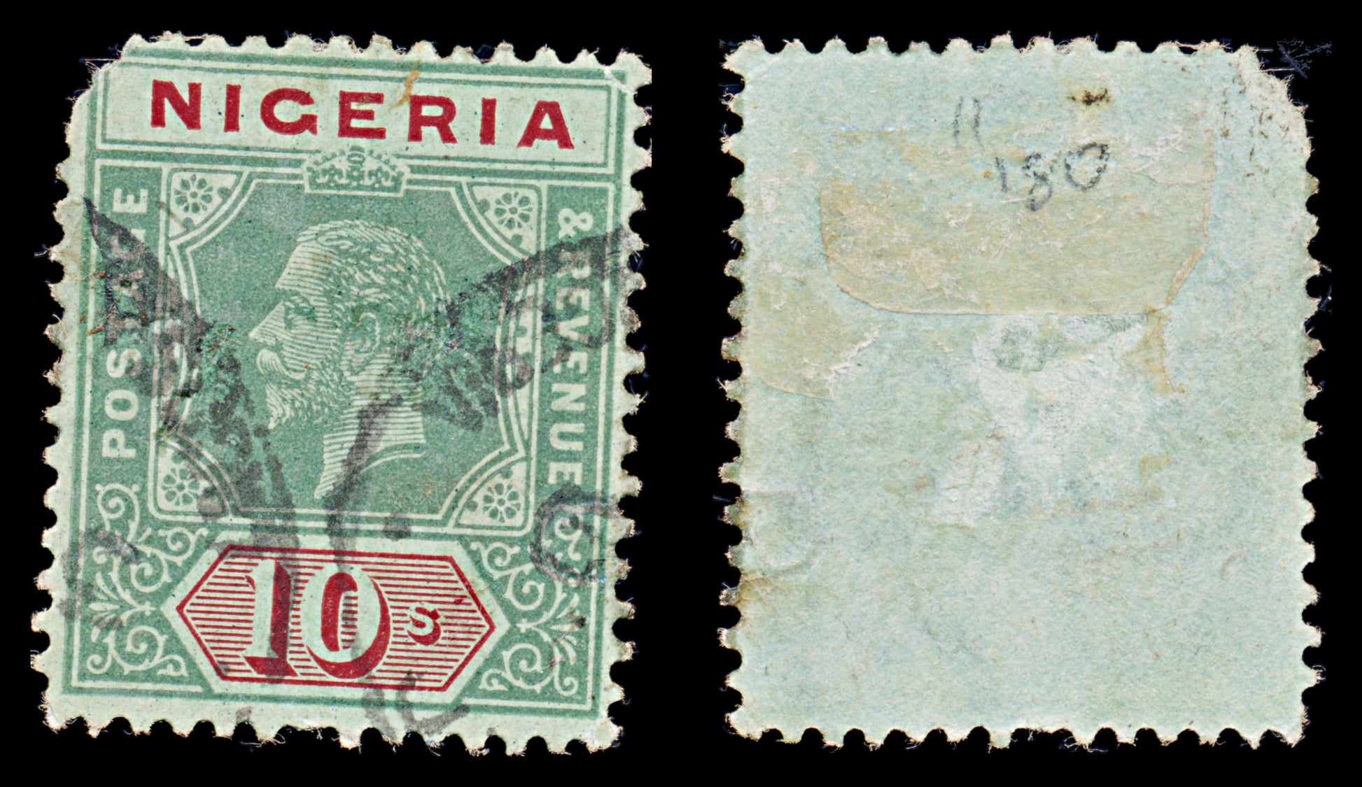 8028: Nigeria SG11 10s Red & Bluish green 1914 Sc#17 Mi11ay Used C£180