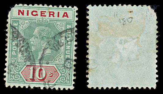 8028: Nigeria SG11 10s Red & Bluish green 1914 Sc#17 Mi11ay Used C£180