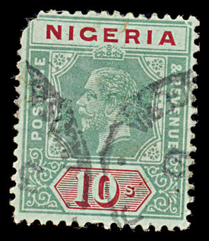 8028: Nigeria SG11 10s Red & Bluish green 1914 Sc#17 Mi11ay Used C£180