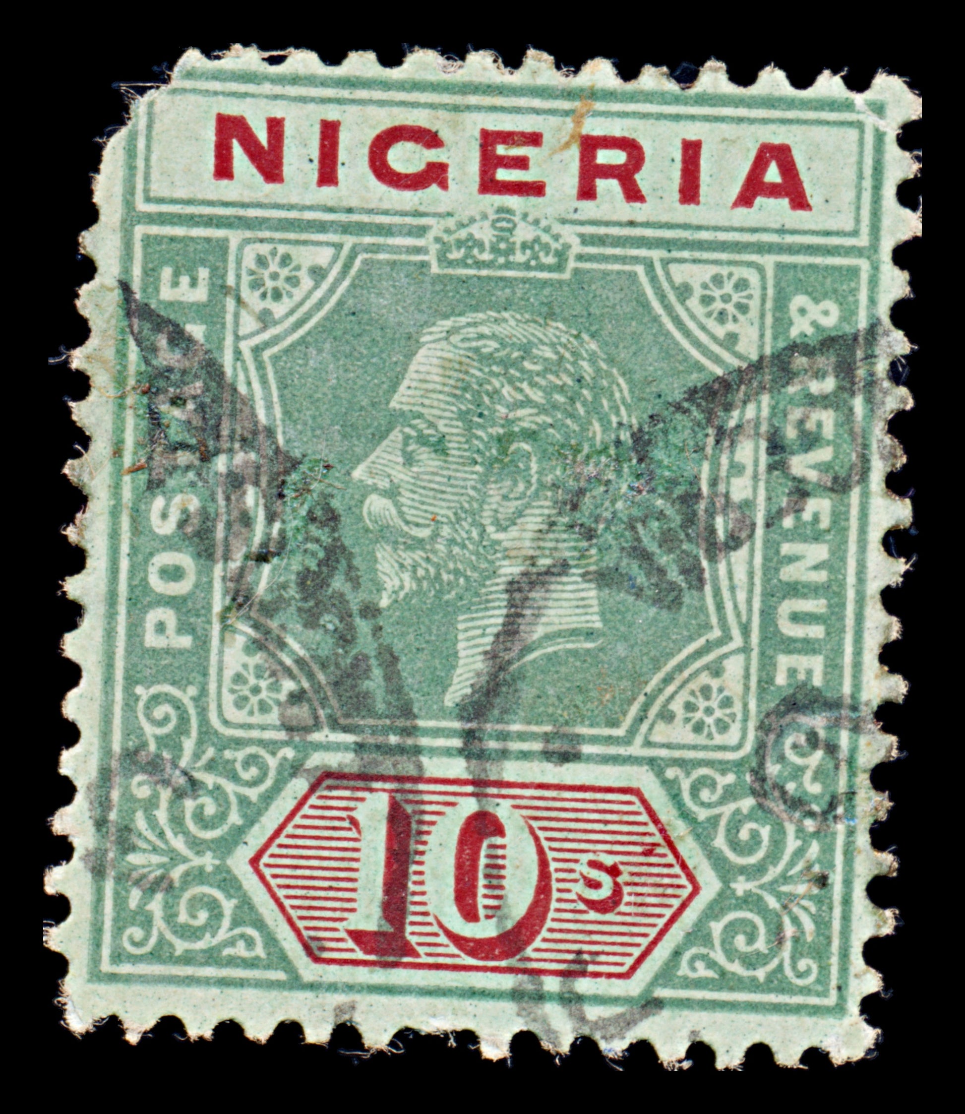 8028: Nigeria SG11 10s Red & Bluish green 1914 Sc#17 Mi11ay Used C£180