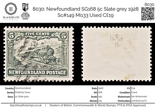 8030: Newfoundland SG168 5c Slate grey 1928 Sc#149 Mi133 Used C£19