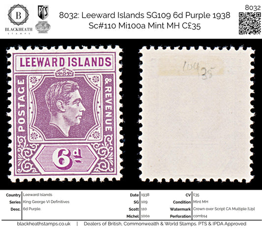 8032: Leeward Islands SG109 6d Purple 1938 Sc#110 Mi100a Mint MH C£35