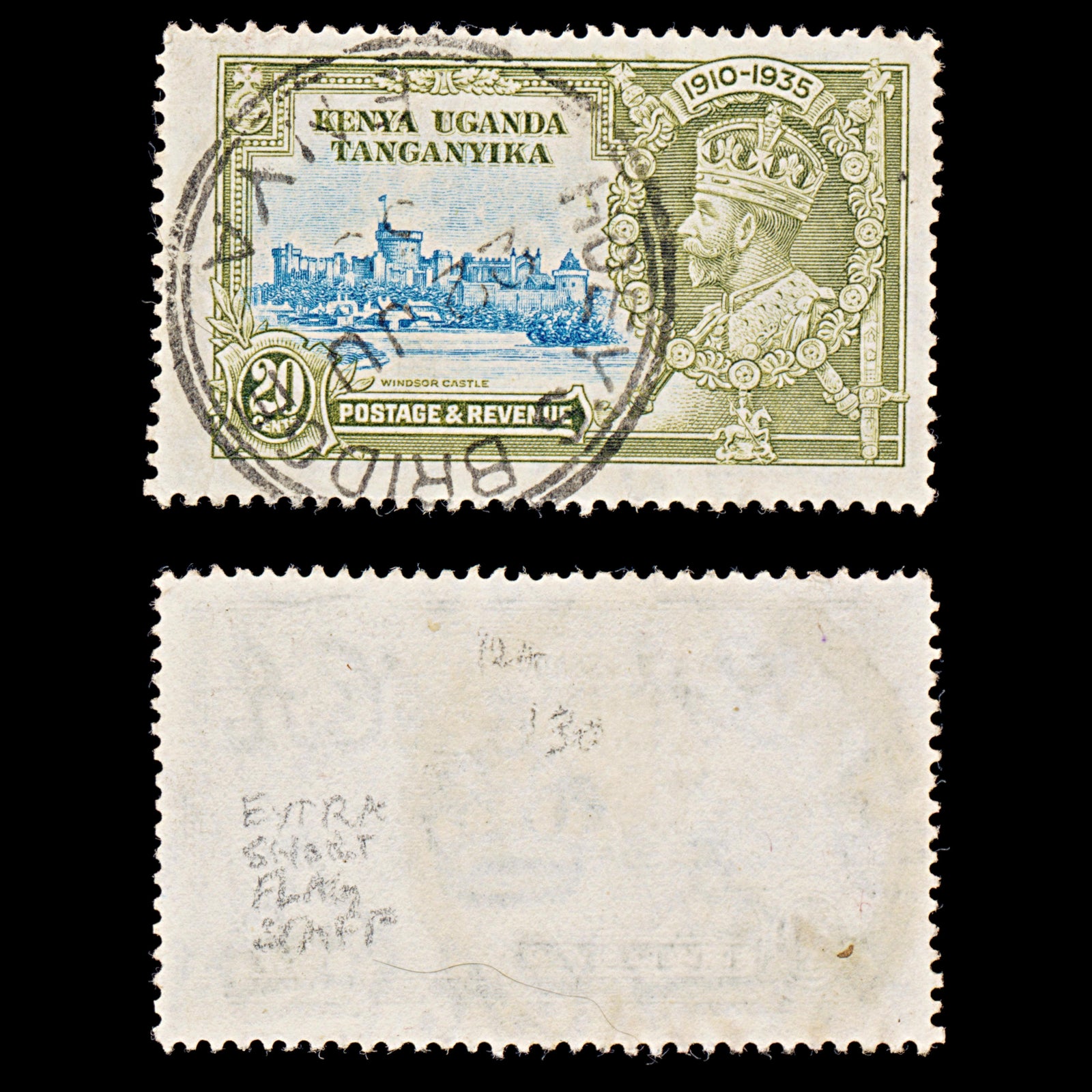 8037: KUT SG124f 20c Blue & Olive. Extra Flag Pole 1935 Used C£130