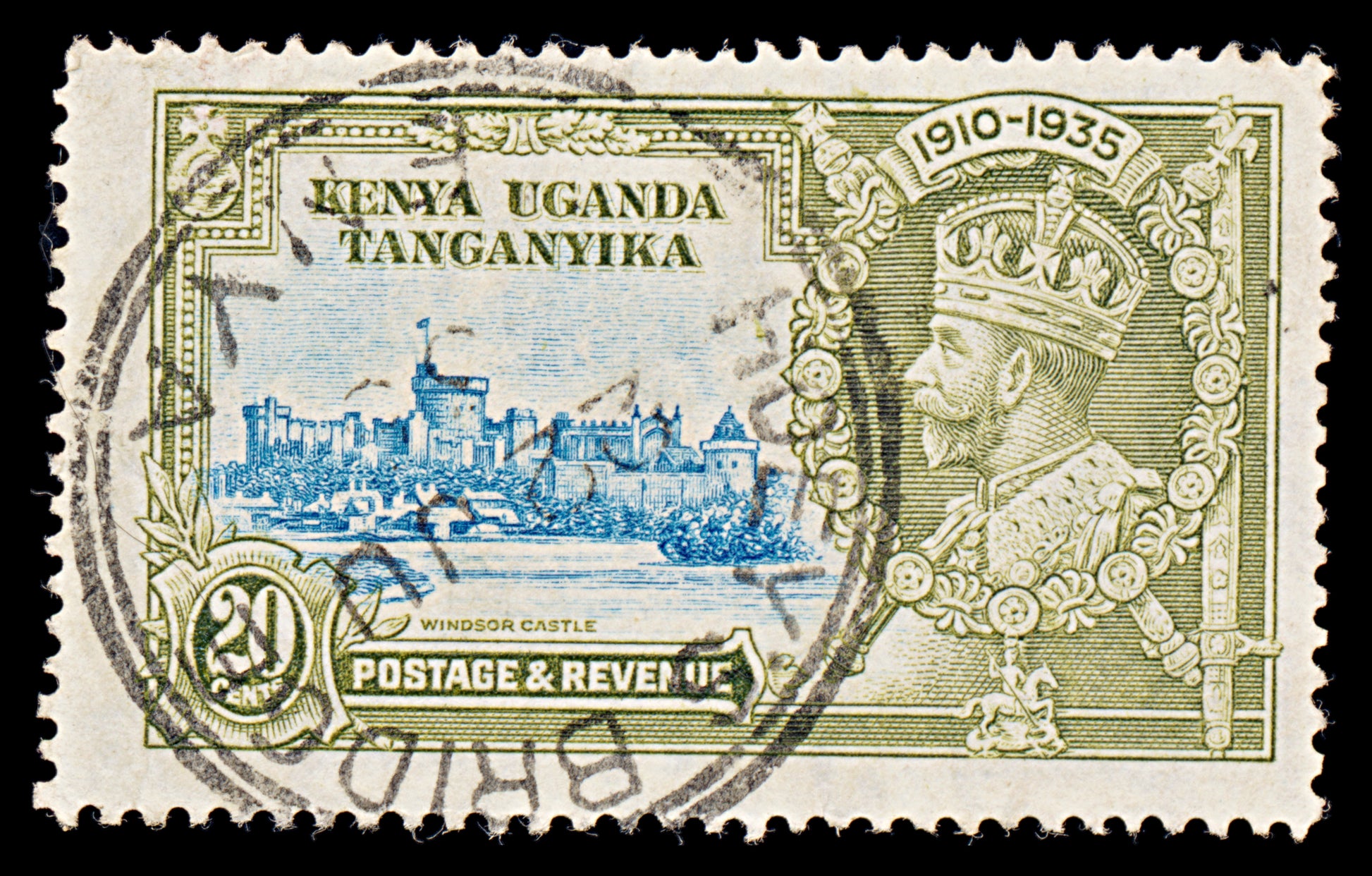 8037: KUT SG124f 20c Blue & Olive. Extra Flag Pole 1935 Used C£130